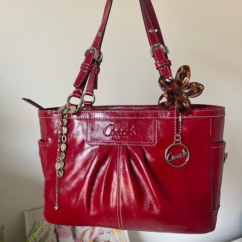 Vintage Coach Pleated Patent Leather Cherry Red Shoulder Bag